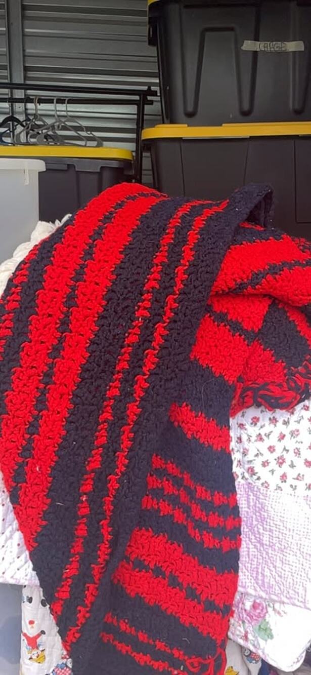Red and Black Striped Crocheted Blanket